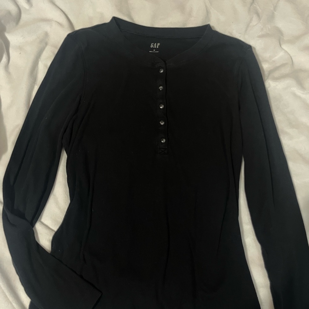 GAP Black Ribbed Henley Long Sleeve Top